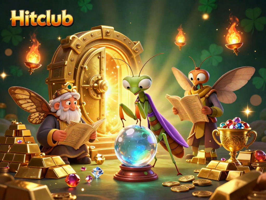 Experience fortune and fun at Hitclub with a whimsical scene of a fortune teller and librarian surrounded by treasures.
