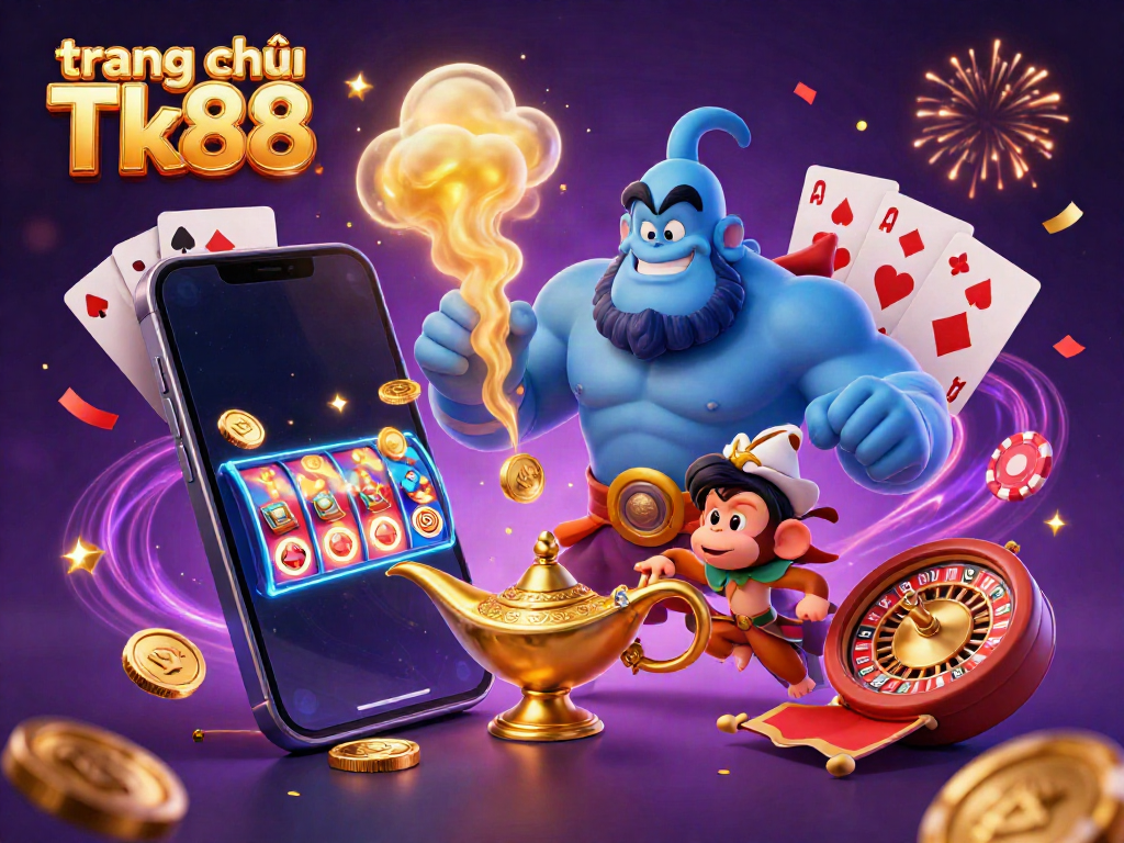 Immerse in the vibrant world of trang chủ Tk88 with colorful casino elements, energetic characters, and exciting gaming visuals.