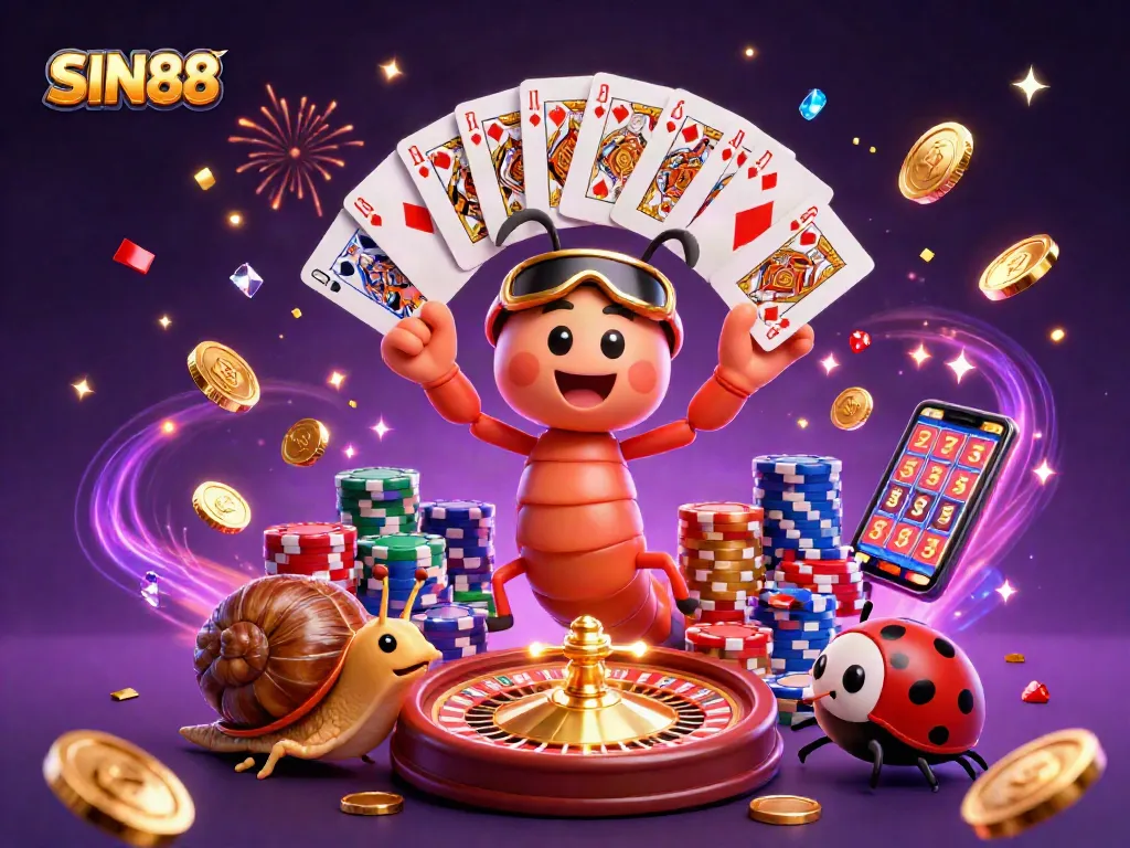 SIN88 features a dynamic casino scene with a millipede dealer and high-rolling snail amid dazzling gaming elements.