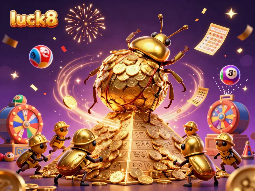 Experience the thrill at luck8 with a dynamic scene of beetles and casino elements celebrating winning moments.