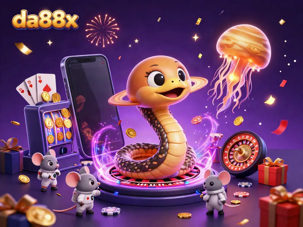 Experience da88x with an imaginative 3D casino scene showcasing cosmic characters and vibrant game elements.
