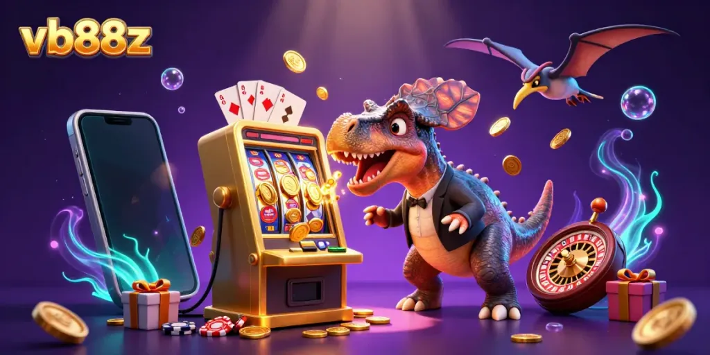 Experience casino thrills with vb88z as colorful coins burst from a golden slot machine in this dynamic scene.