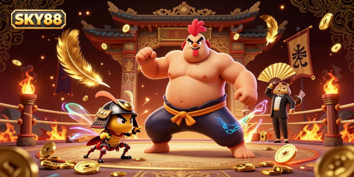 Experience the thrilling action at SKY88's vibrant casino with a powerful sumo wrestler and a fierce cricket in an engaging setting.
