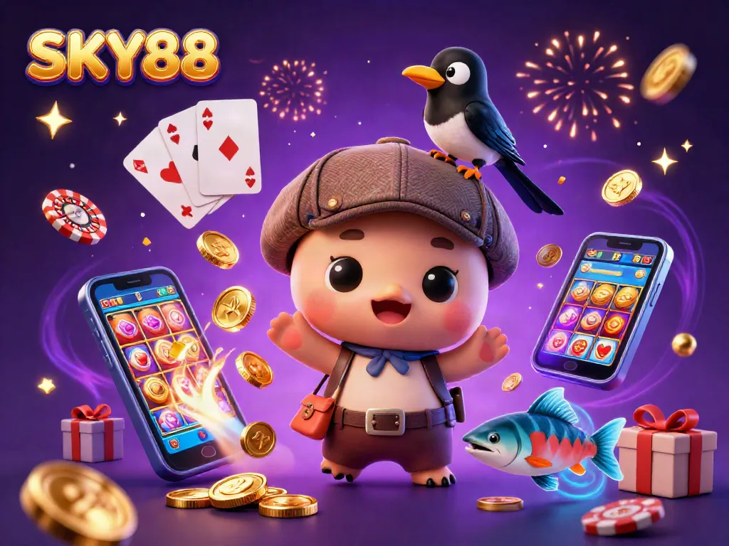 Play exciting slot games with SKY88 while surrounded by playful characters and vibrant casino elements.