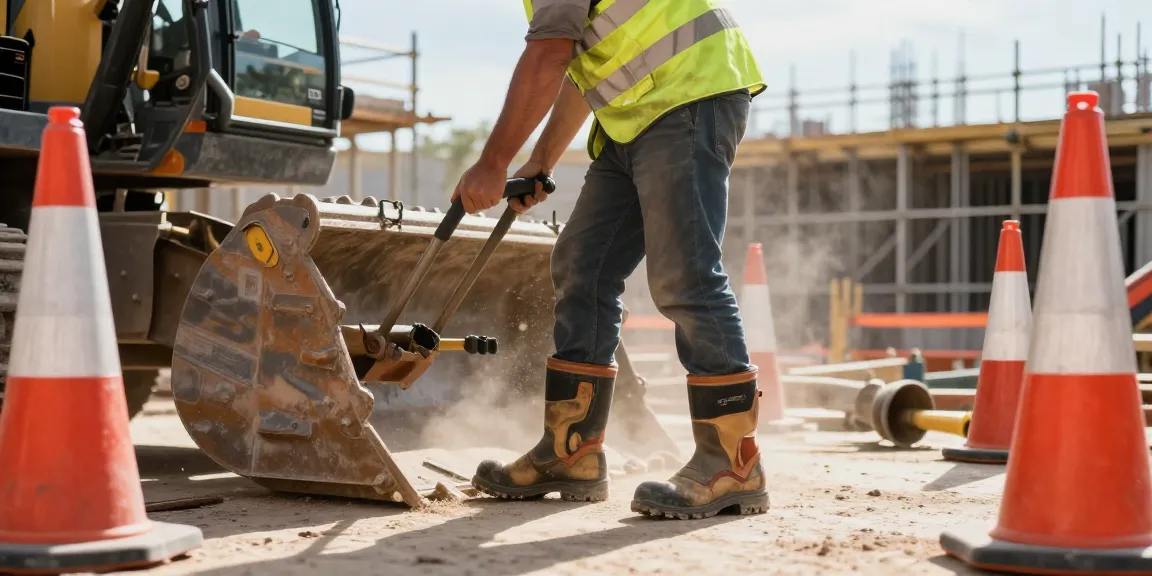 Worker in upower safety boots confidently operating machinery at construction site.