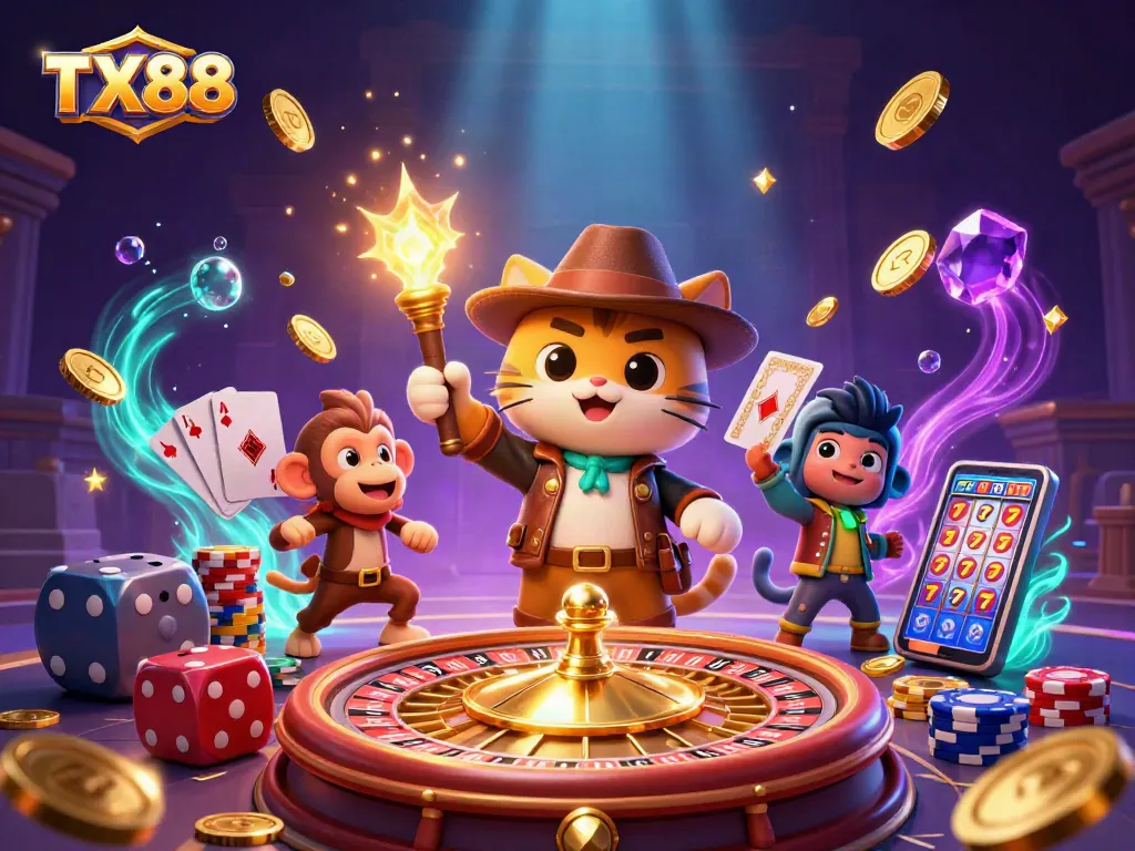 Unleash the fun with TX88 as the explorer cat discovers golden artifacts amid a vibrant casino scene.