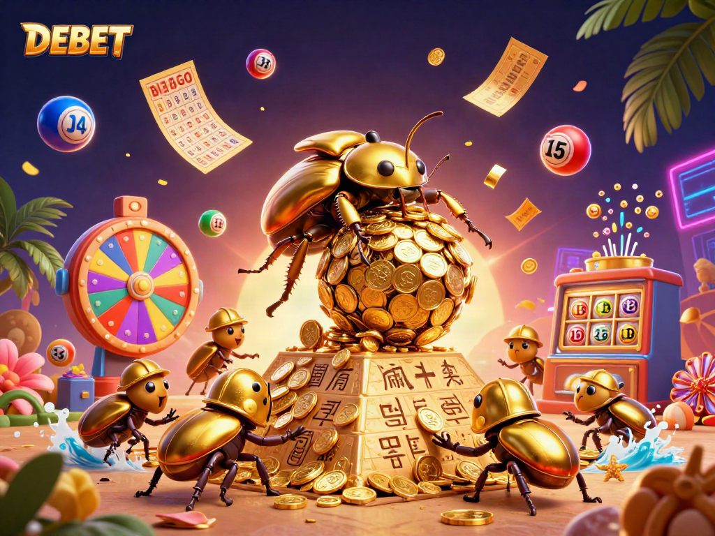 Engage with DEBET's thrilling casino scene featuring colorful lottery elements and vibrant characters.