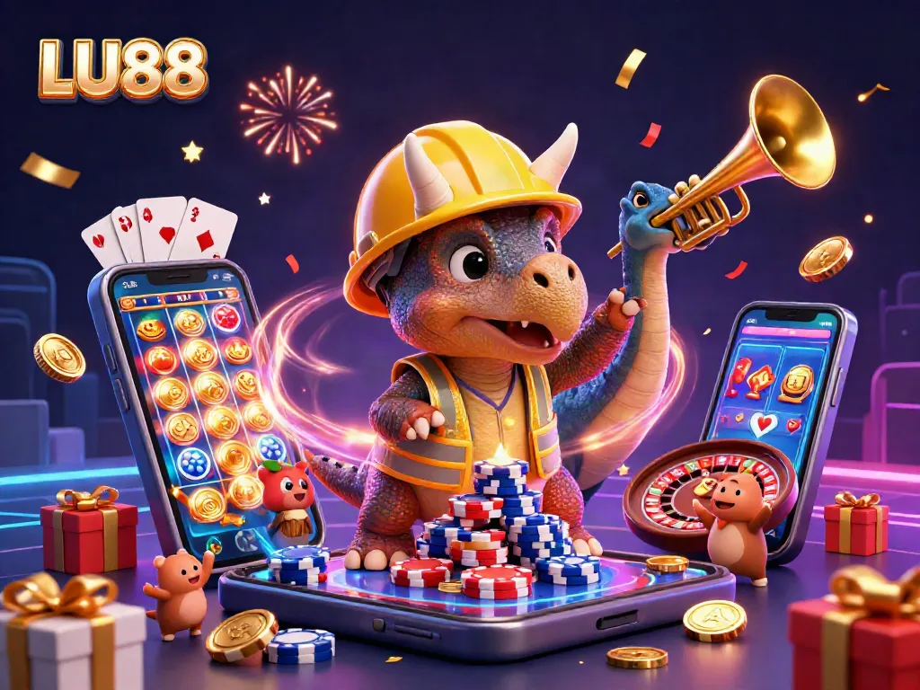 Experience excitement at LU88 with a triceratops and parasaurolophus celebrating wins in a fun casino scene.