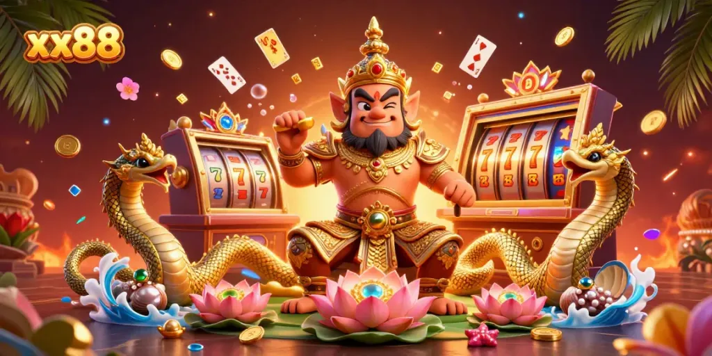 Experience the excitement of xx88 as golden coins and lucky slots swirl around a Thai guardian in a vibrant casino scene.