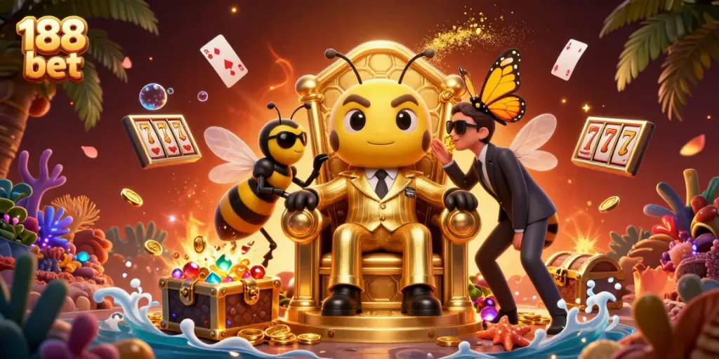 Experience thrilling wins with 188 bet in an ultra-detailed casino scene featuring vibrant characters and game elements.
