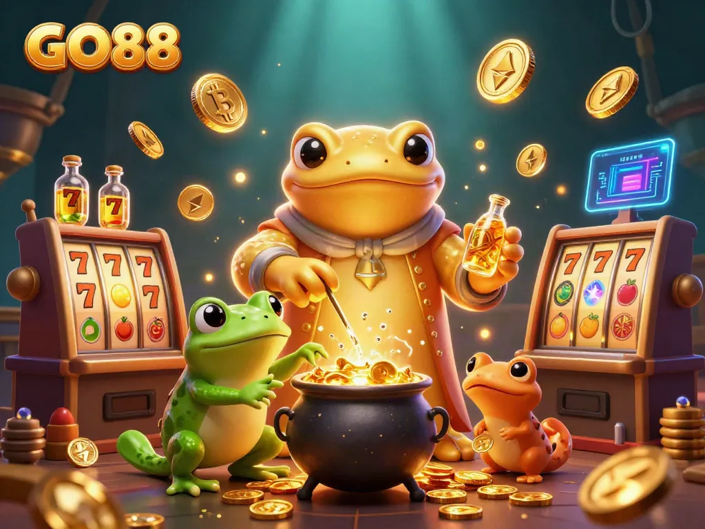Experience the thrill of GO88 with exciting slot machines and golden alchemy elements in a vibrant casino scene.