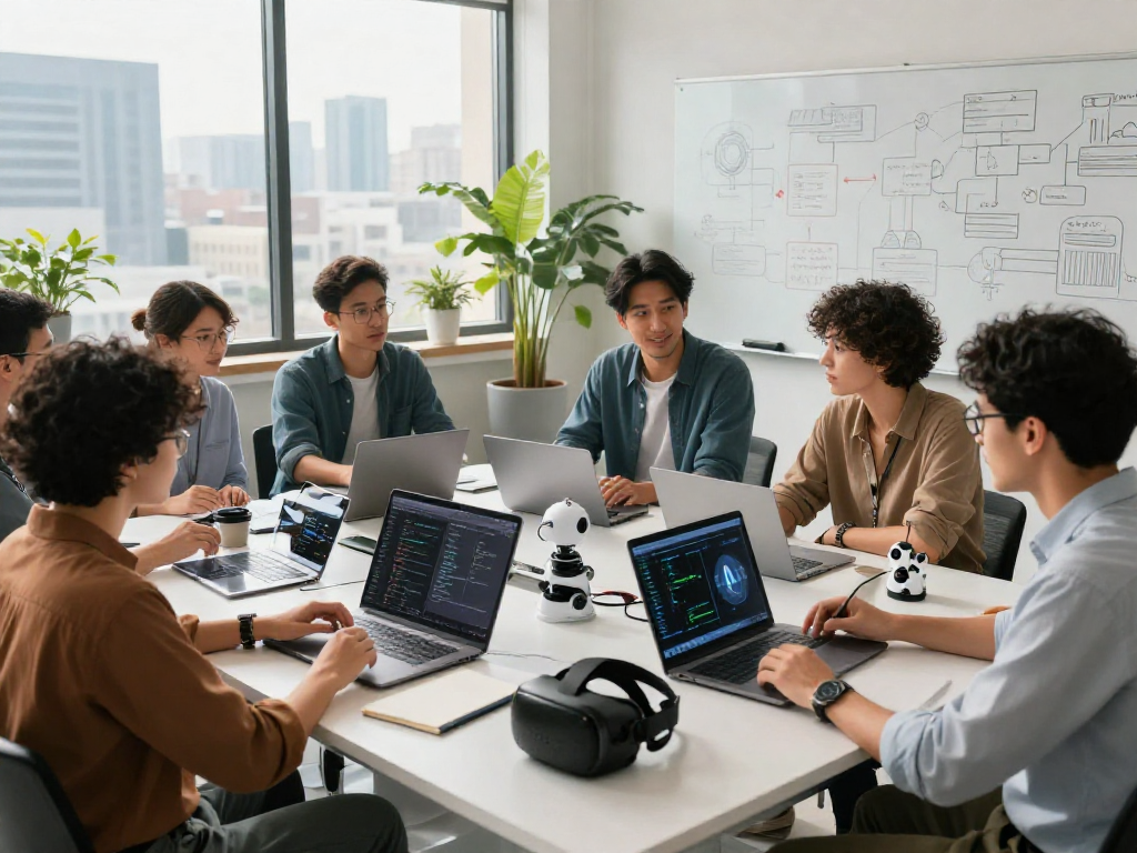 Collaborative team in AI lab brainstorming innovative 18+ ai technology ideas.