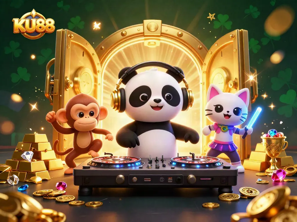 Experience the excitement of KU88 with a glowing casino scene featuring illustrated characters and jackpot treasures.