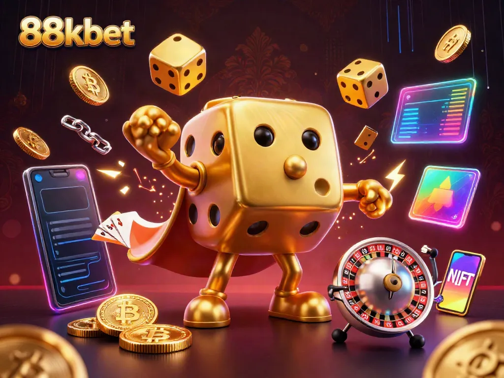 Explore 88kbet with a rich 3D illustration of a golden dice golem and crypto elements.