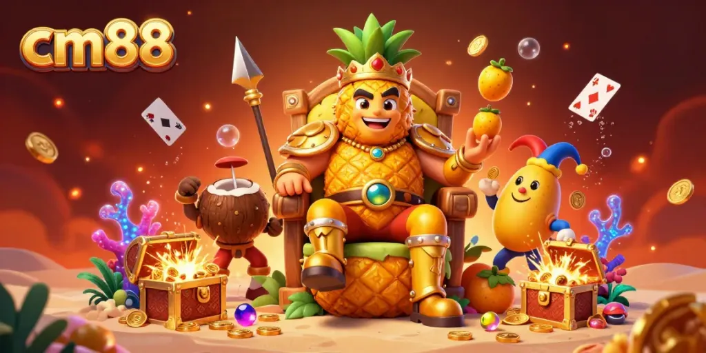 Engage with cm88 at a dynamic beach casino scene featuring a golden pineapple king and vibrant treasures.