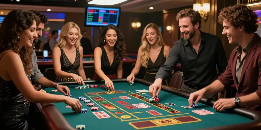Exciting GO88 bet gaming scene with friends around a roulette table