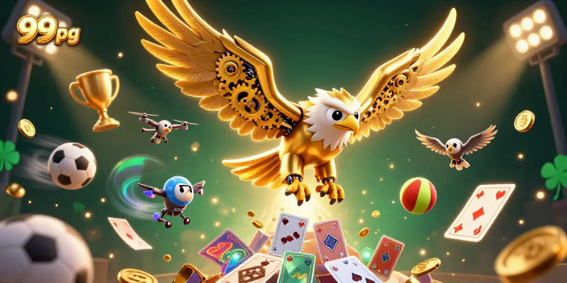 Engage in thrilling gameplay at 99pg with dynamic golden eagle navigating holographic cards.
