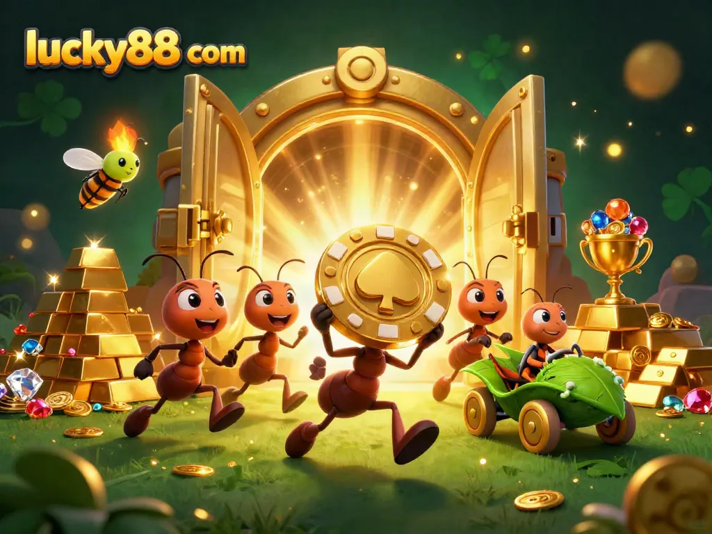 Join the exciting adventure at lucky88 com as ants strategize their heist for golden chips amidst a casino atmosphere.