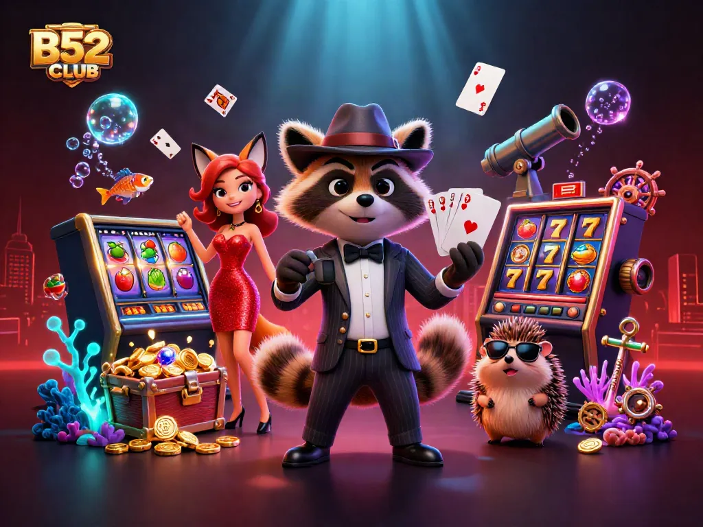 B52CLUB showcases winning strategies with vibrant casino characters and sparkling slot elements