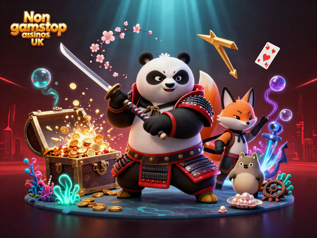 Engaging scene of Non gamstop casinos UK, featuring a samurai panda and companions amidst casino elements.