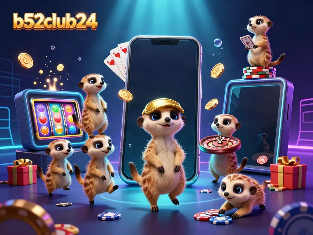 Experience the thrilling atmosphere of b52club24's vibrant online casino with dynamic meerkats engaging in games.