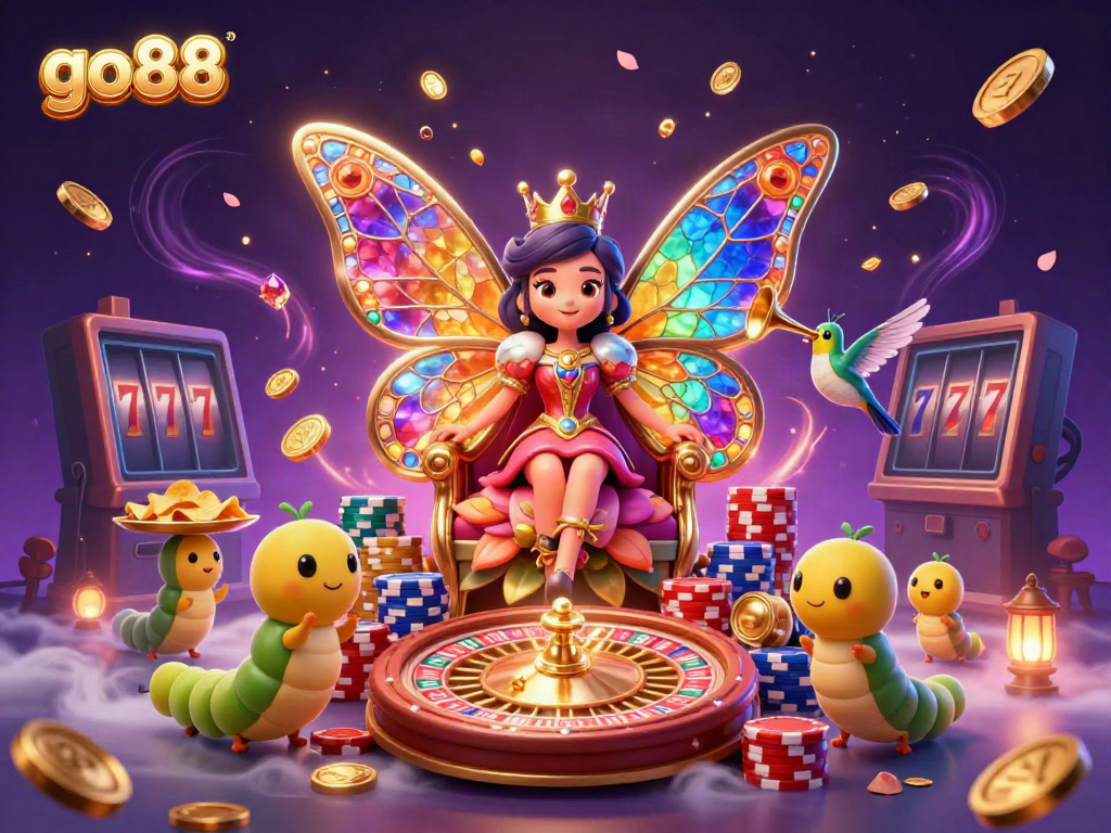 Experience the vibrant world of go88 with a spectacular 3D casino scene featuring a butterfly queen and dynamic gaming elements.