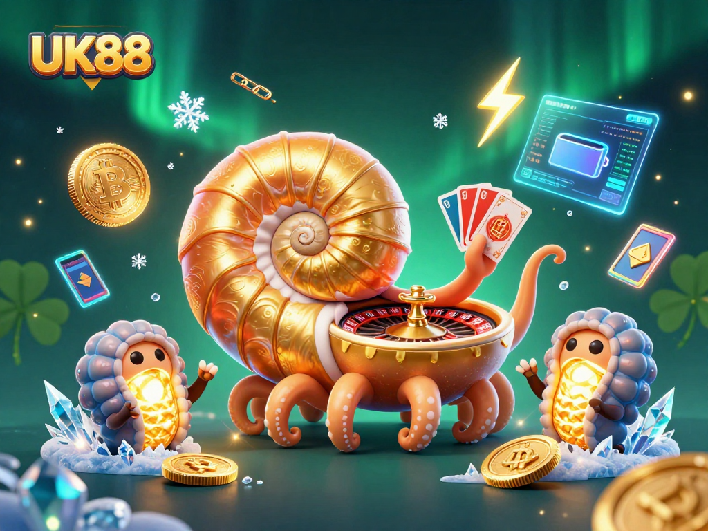 Engage with UK88's vibrant casino experience featuring a giant nautilus roulette and crypto elements.