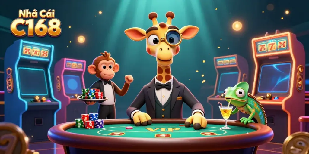 Engage with Nhà Cái C168 in this vibrant 3D casino scene featuring a unique character ensemble and dynamic gaming elements.