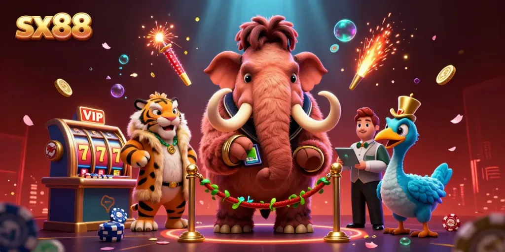 Experience high-stakes fun at sx88 with playful characters amidst vibrant casino elements.