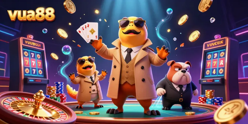 Experience excitement at vua88 casino with playful raptors and a bulldog bouncer in a dynamic scene.