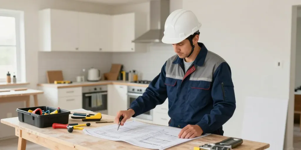 Local contractor reviewing blueprints at a home renovation site, representing trusted slot toto services.