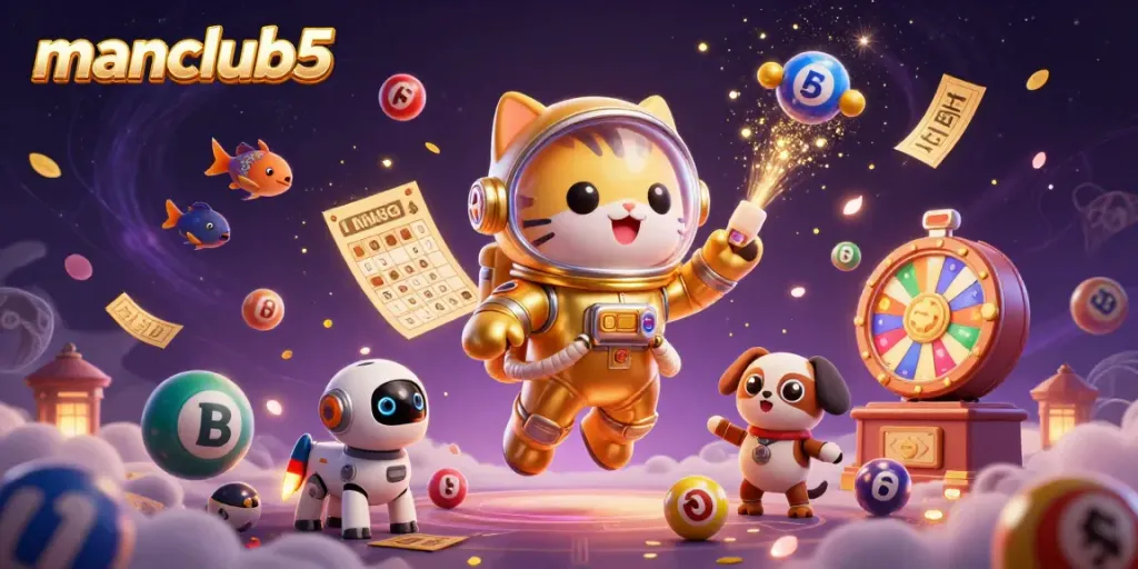 Experience thrilling gaming with manclub5, featuring vibrant lottery elements and cosmic characters.