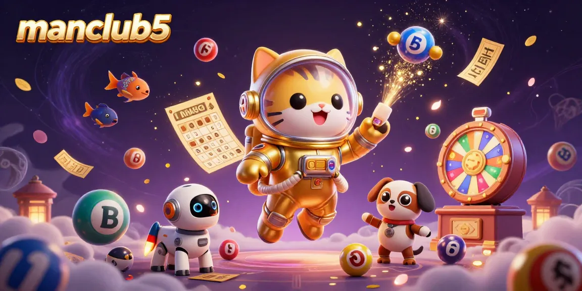 Experience thrilling gaming with manclub5, featuring vibrant lottery elements and cosmic characters.