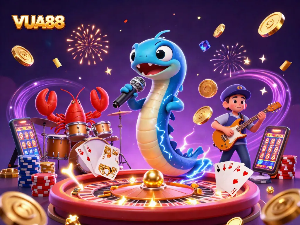 VUA88 highlights excitement as an electric eel DJ rocks an underwater casino scene with coins and games.