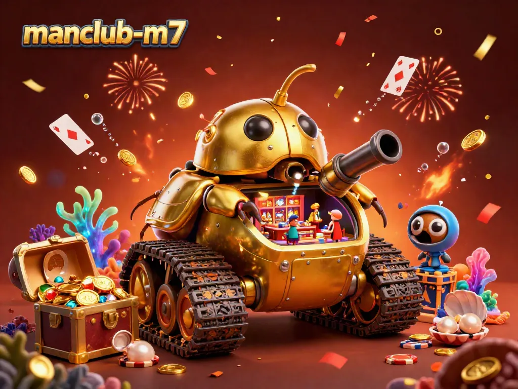 Experience festive excitement at manclub-m7 with a dynamic 3D scene filled with confetti and casino elements.