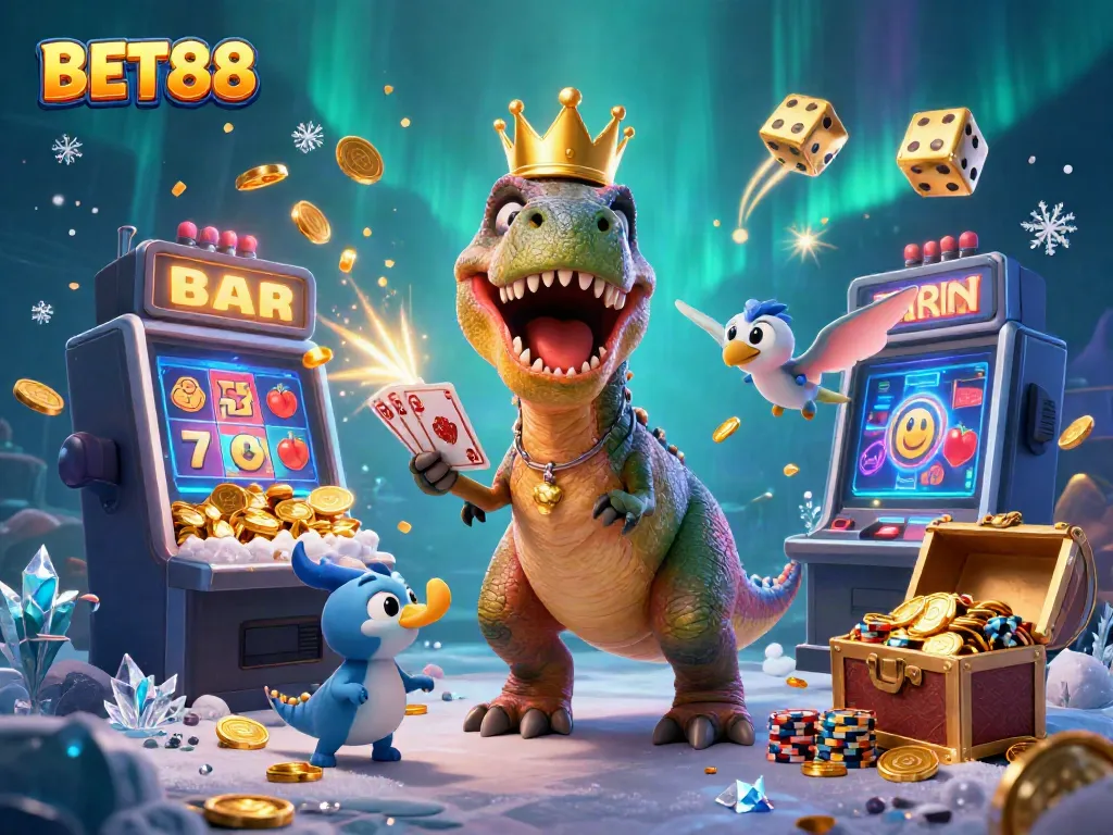 Engage with BET88's vibrant gaming world featuring dinosaurs amidst exciting casino elements.