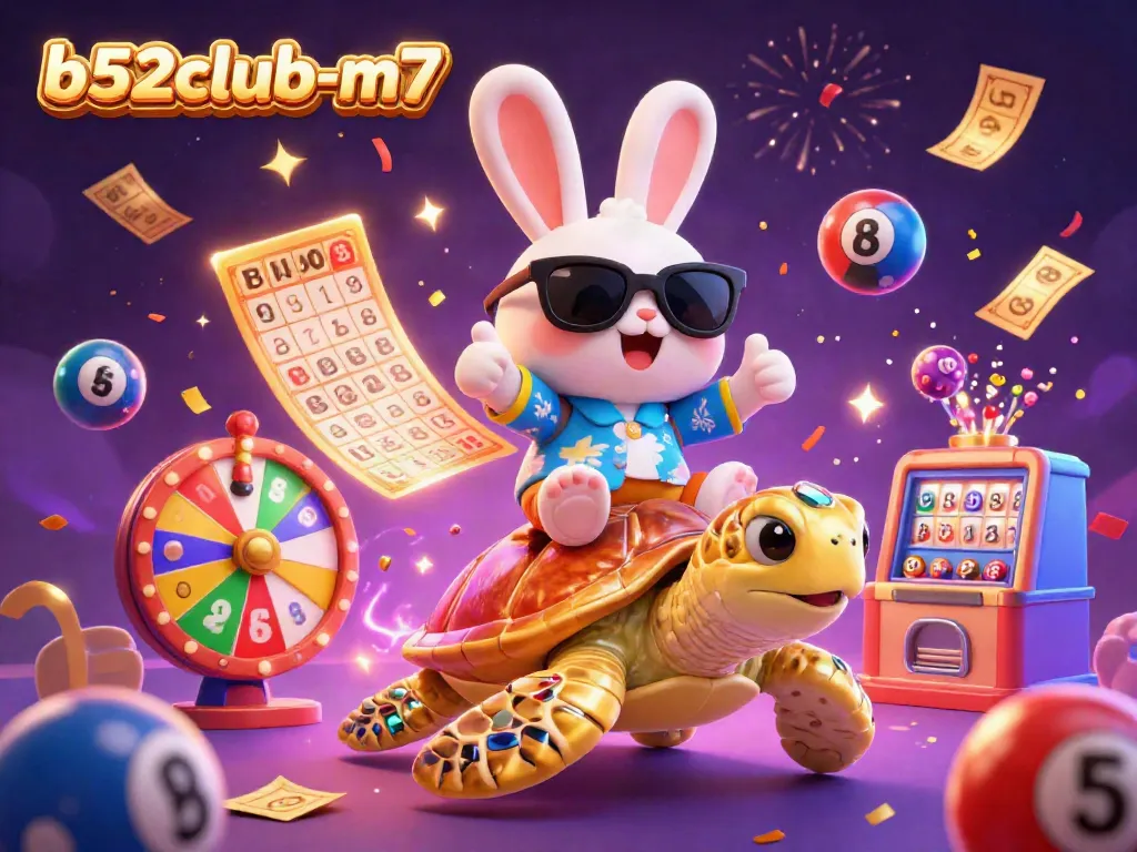 Join the fun with b52club-m7 as the lucky rabbit celebrates vibrant gambling activity in a colorful scene!