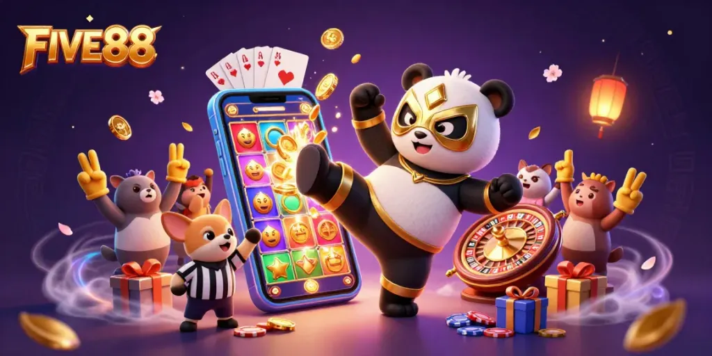 FIVE88 promotions featuring a panda wrestler in action surrounded by exciting casino elements showcasing vibrant gambling activities.