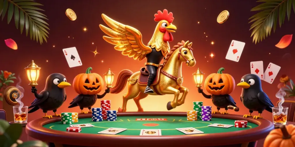 Engage with SUNWIN's vibrant casino scene showcasing a golden rooster on a spectral horse amidst rich gaming elements.