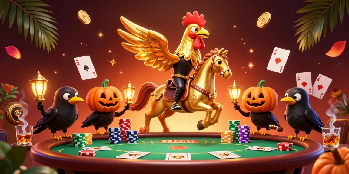 Engage with SUNWIN's vibrant casino scene showcasing a golden rooster on a spectral horse amidst rich gaming elements.