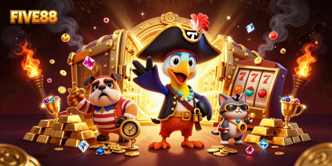 Engage with the FIVE88 slots world through a vibrant scene of animated pirate characters and gold treasures.