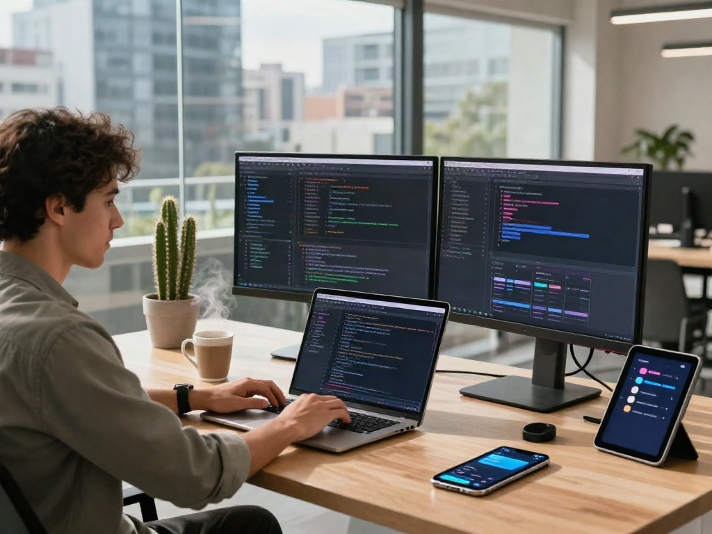Developer coding in a modern workspace with vibrant screens showcasing 18+ ai technologies and creative design setups.